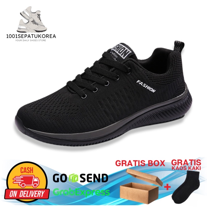 1001 IMPORT SEPATU SNEAKERS PRIA SPORT WOVEN + BOX DAN KAOS KAKI !!! - HITAM