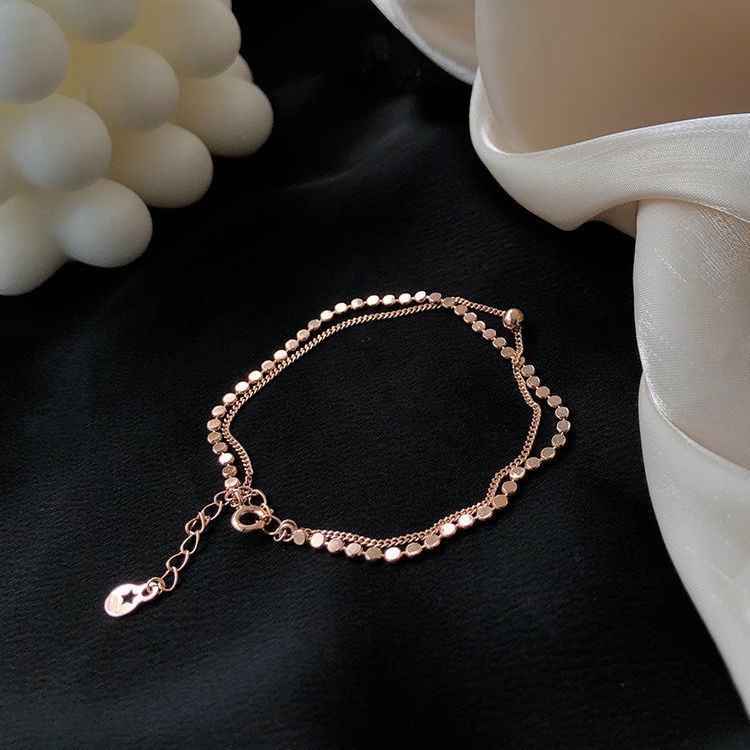 Gelang Double Layer Bahan Tembaga Warna Rose Gold Tahan Karat Untuk Wanita