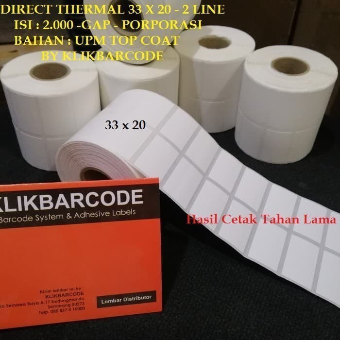 

label barcode thermal, 33x20 mm, tanpa ribbon, xprinter, gap, 2000 pcs 2line