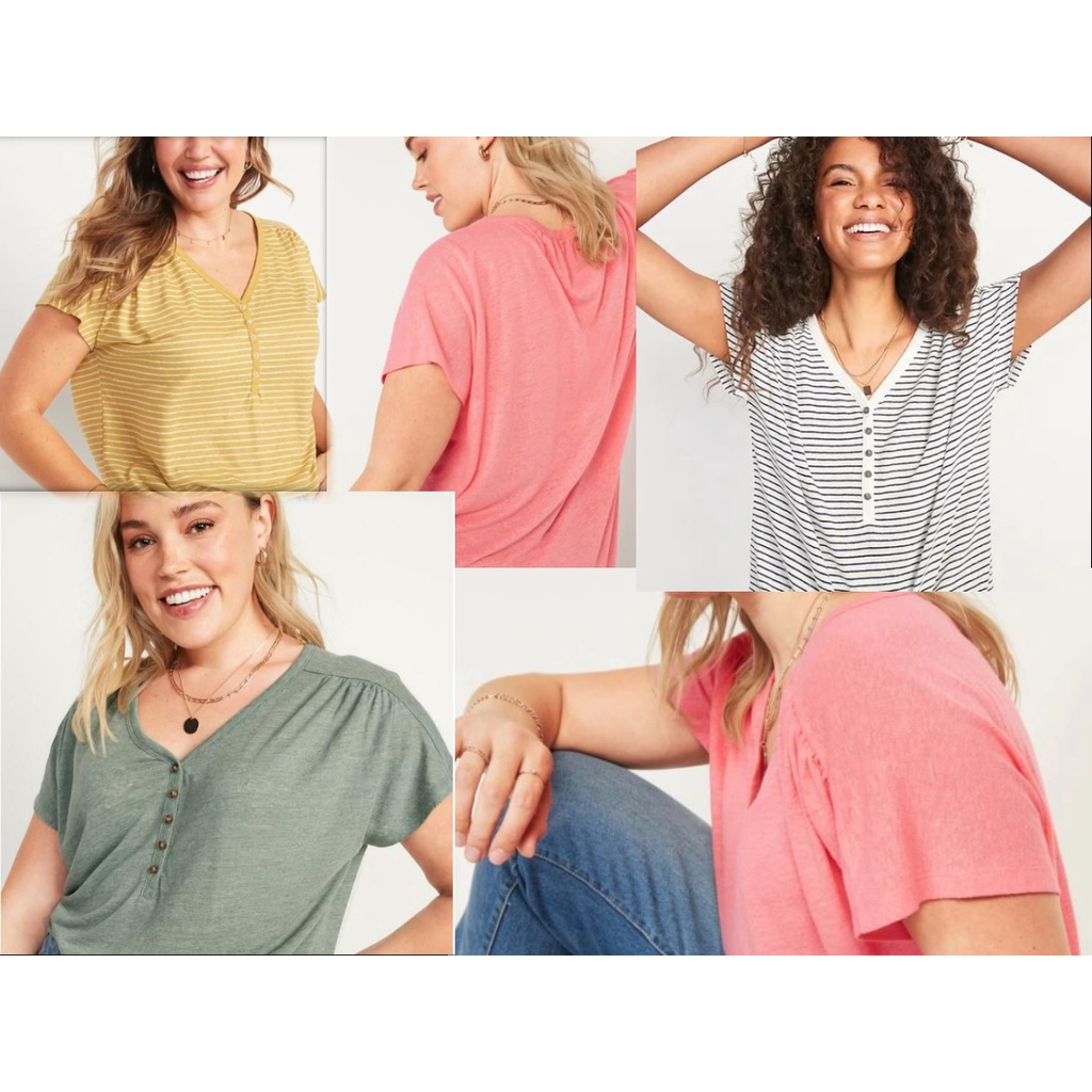 Old Navy Loose V-Neck Linen-Blend Henley Tee for Women / Kaos Wanita Lengan Pendek Kerah V kancing d