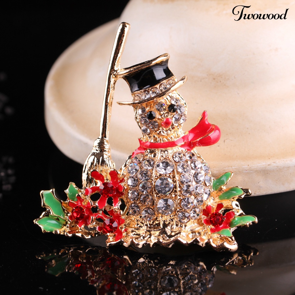 Twowood Brooch Pin Snowman Shape Decoration Jewelry Shiny Rhinestone Exquisite Brooch Christmas Gift