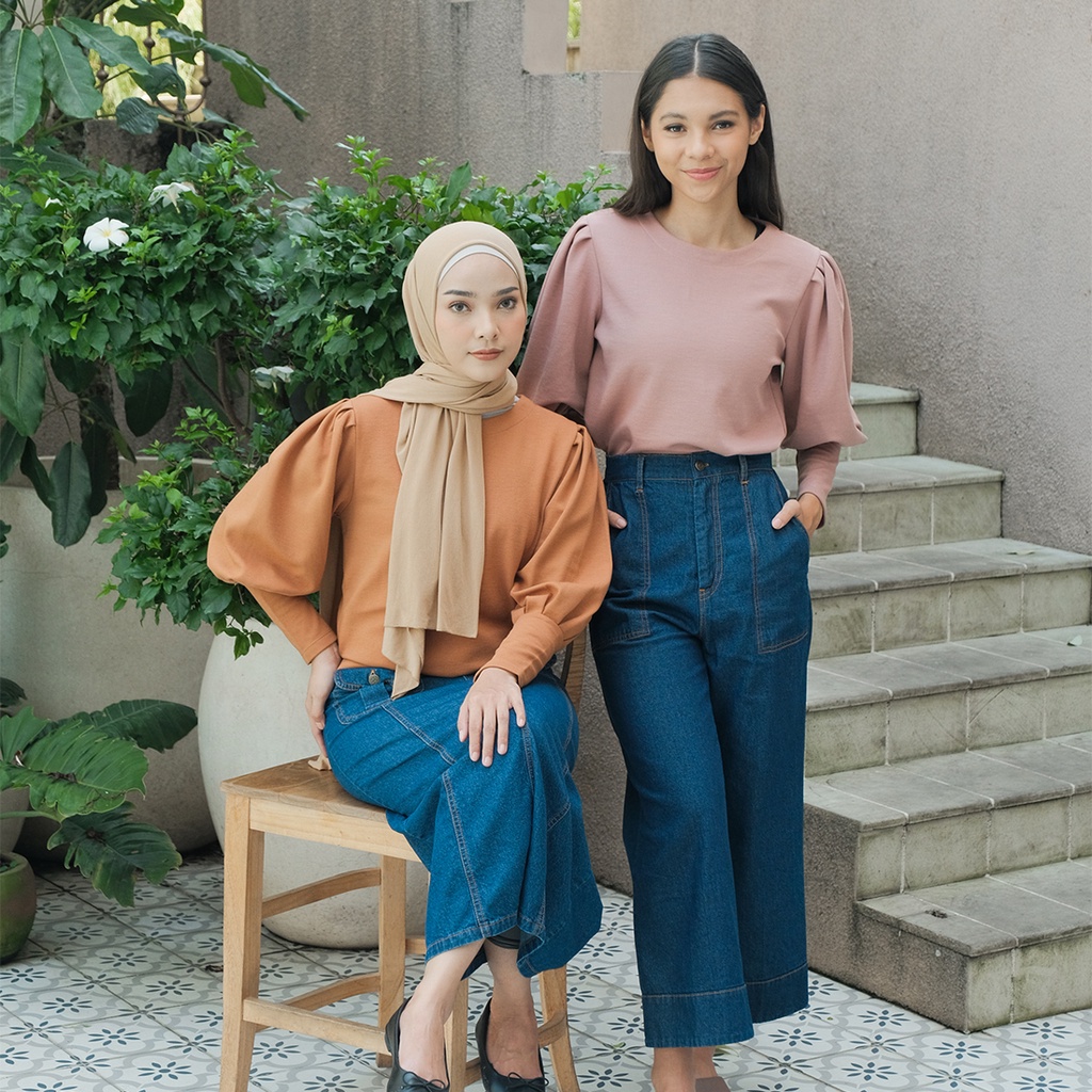 Isla Nerea Top Basic - Blouse Wanita Lengan Balon - Textured Cotton-3