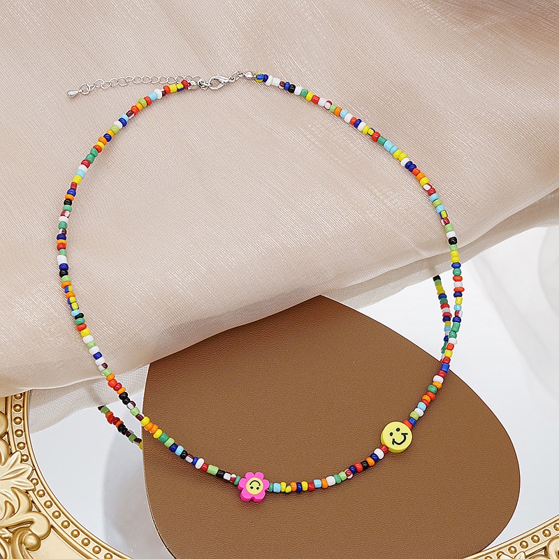 Colorful Smiley Flower Rice Bead Necklace Bohemian Clavicle Chain Necklace