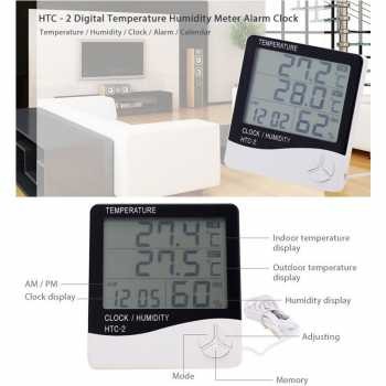 Termometer Digital Suhu Dan Kelembapan Ruangan Temperature Humidity Meter Clock Alarm Calender HTC-2