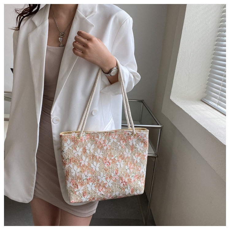 DBCOL Tas Tote Wanita Bahan Anyam Jerami Motif Lace Pita/Totebag Fashion Korea Motif Lace Pita Impor