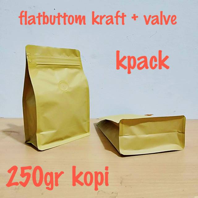 Kemasan kopi flatbuttom kraft ecopack + valve  untuk 250gr kopi