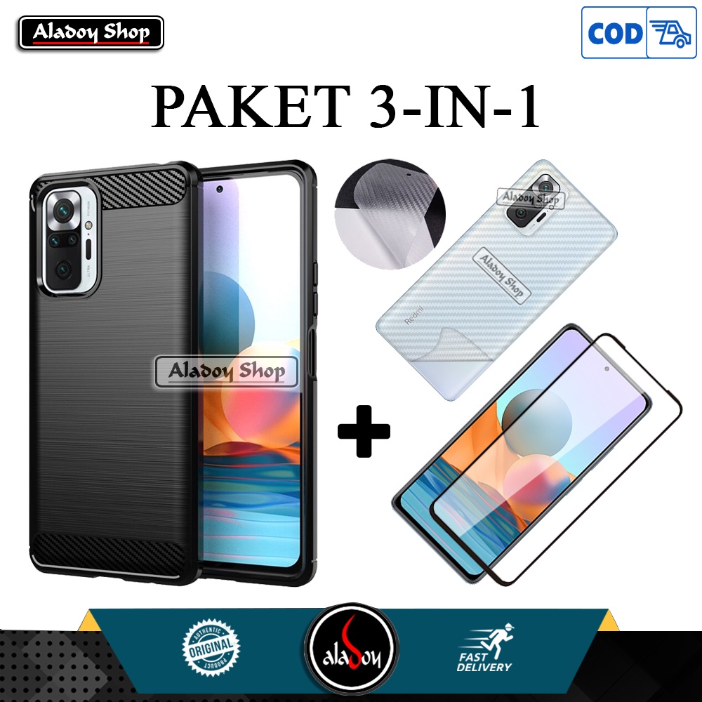 Case Xiaomi Redmi Note 10 Pro Premium Casing + Tempered Glass Layar + Skin Carbon