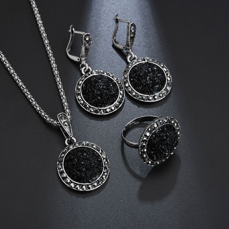 SIY  1 Set Black Round Rhinestone Necklace Earrings Ring Wedding Jewelry Sets Women