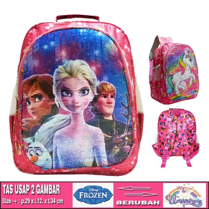 Tas ransel anak sekolah Sequin // usap 2 gambar karakter LOL UNICORN HELLO KITTY PONY FROZEN