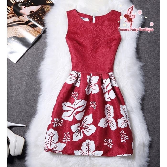 Cocktail Party Dress - Red Flowers