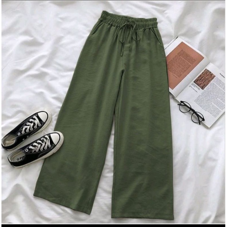 Celana Wanita Kekinian WIDI PANTS Kulot Jumbo Panjang Bahan Linen Rami Premium Import Fashion Bawahan Dewasa Ootd Pinggang Full Karet Serut Highwaist Cewek Remaja Model Ala Korea Gaya Modern Murah Dan Terbaru Hitam-4