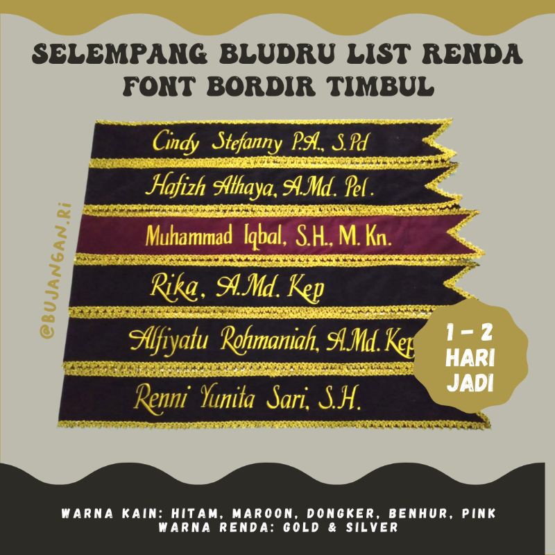 (1-2 HARI JADI) Slempang / Selempang Wisuda Semarang Murah (Bludru, Bordir, List RENDA)