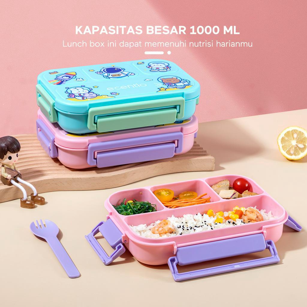 ecentio 3 Grid Lunch Box Set 1000ml/Kotak Bekal Makan Anti Tumpah Free Mangkuk Sup 330ml/Tas Bekal Set Anak