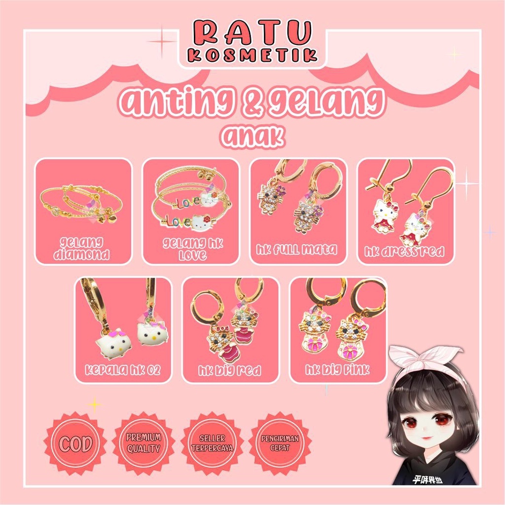 ❤ RATU ❤ Anting Xuping Anak | Perhiasan Lapis Emas | Mutiara Tusuk | Gelang Karakter Diamond | Hellokitty | Aksesories Fashion