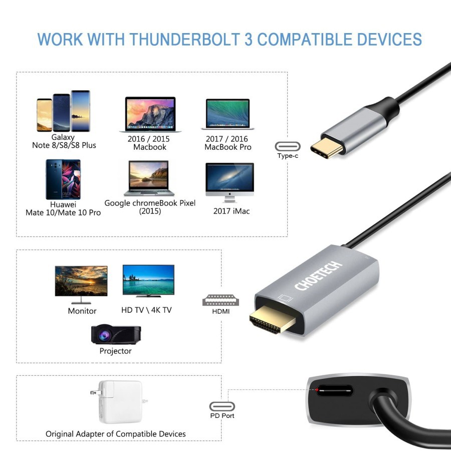 Usb Type c to hdtv with pd 60w mhl cable 1.8m choetech 4k xch m180 - Kabel usb-c to hdtv 1080p