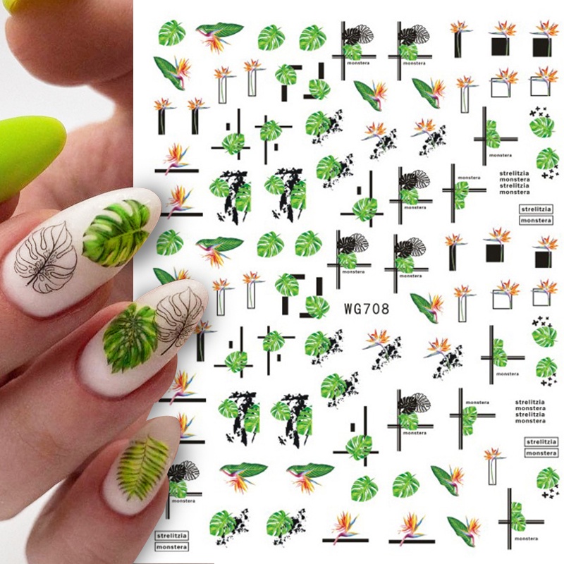 1pc Stiker Kuku 3d Motif Daun Hijau Geometri Untuk Dekorasi Nail Art