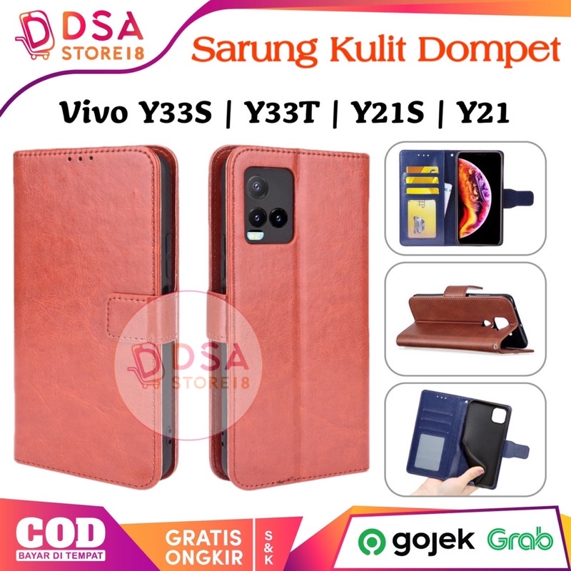 Leather Case Flip Cover Wallet Vivo Y21 Y21S Y33S Y33T Case Dompet Kulit Casing Dompet Hp Slot Card 