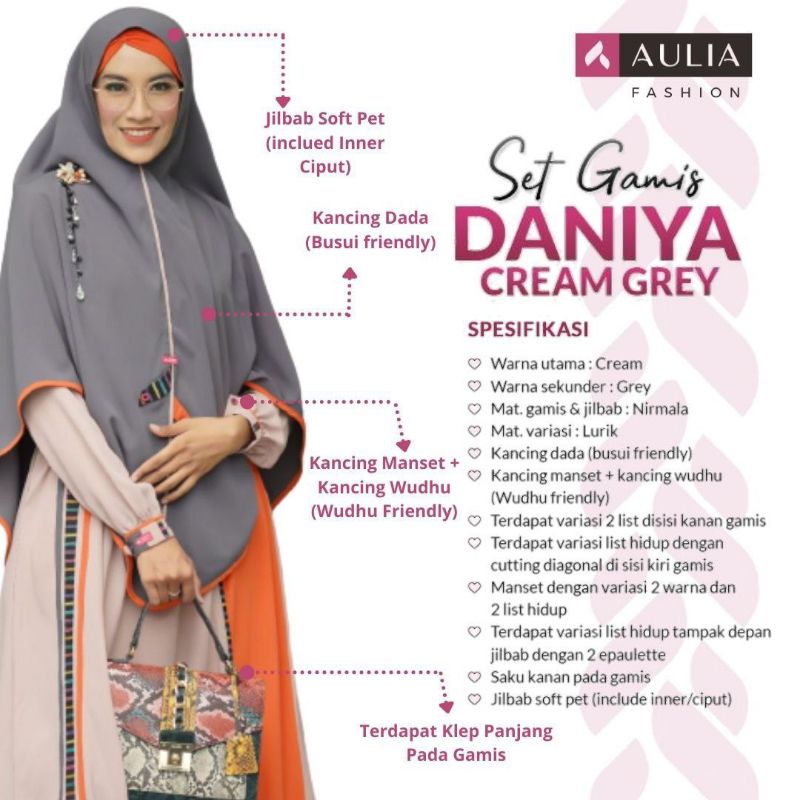 AULIA FASHION Set Gamis DANIYA CREAM GREY Busana Muslim Branded Original Bahan Nirmala Variasi Lurik