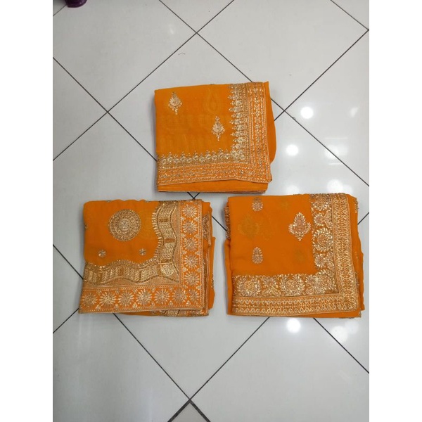 Kain Sari Saree Special Colour Oren Orange Gold Bordir India Bollywood Siffon Sifon Chiffon