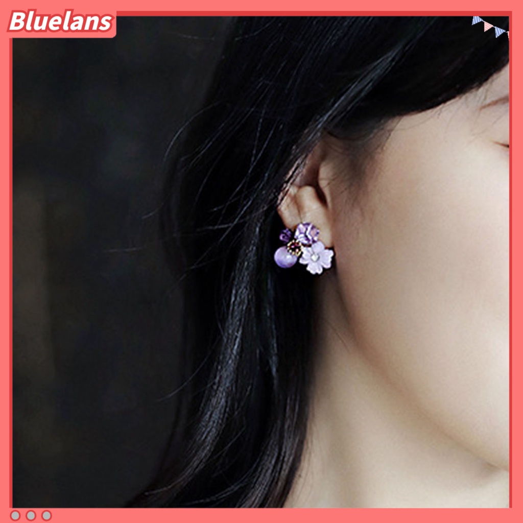 Bluelans 1 Pasang Anting Stud Desain Bunga Ungu Aksen Berlian Imitasi Untuk Wanita