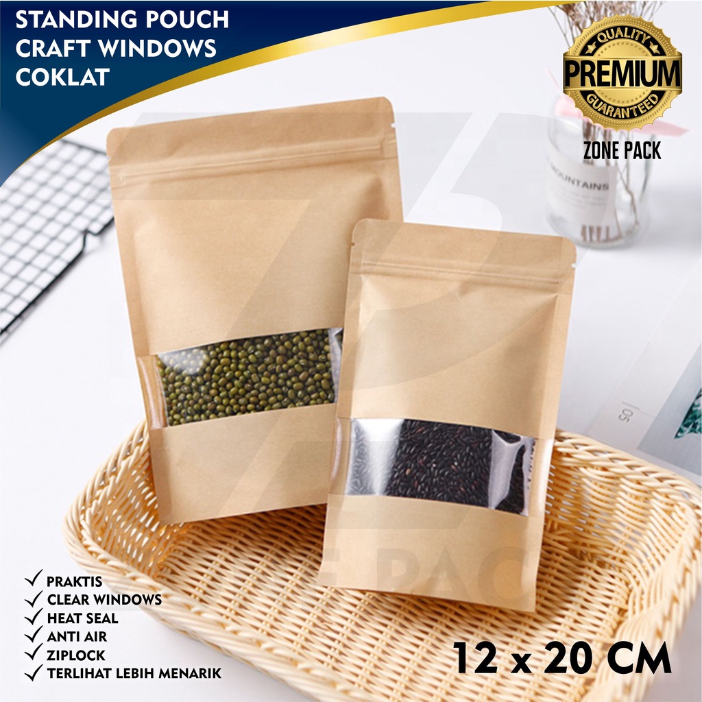 Standing Pouch Craft Windows Warna Coklat Ukuran 12x20 cm I Kemasan Kopi I Kemasan Paper Ziplock