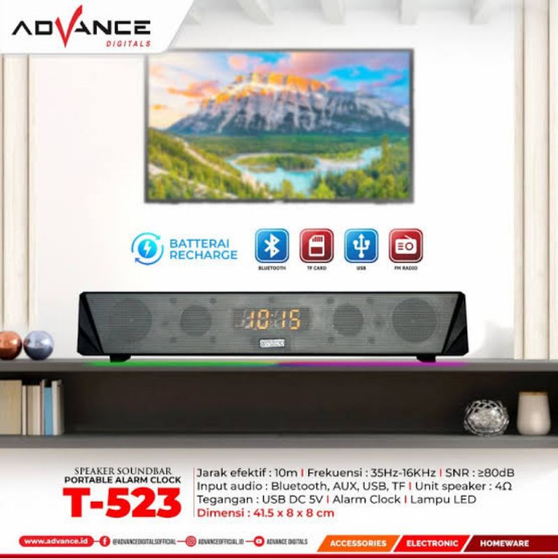 Advance Speaker Soundbar Portable Bluetooth + Alarm Clock T 523