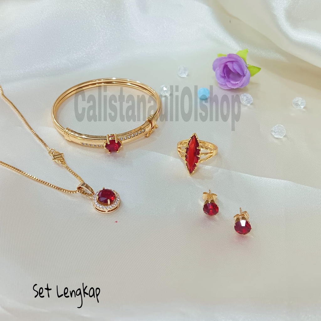 SET DEWASA KRISTAL MERAH MANIS PERHIASAN EMAS  KOREA ANTI KARAT DAN ANTI LUNTUR