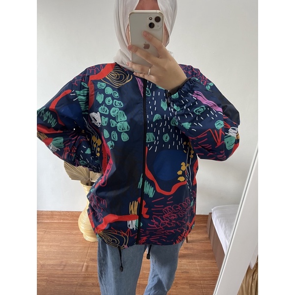 JAKET PARASUT PRINTING WANITA ANTI AIR WATERPROOF free masker OLAHRAGA SEPEDA-Blue doodle art