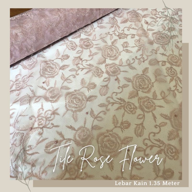 Bahan Kain Brokat  Kebaya Tile Mutiara Gliter Rose Flower warna Rose Gold Semi Lavender