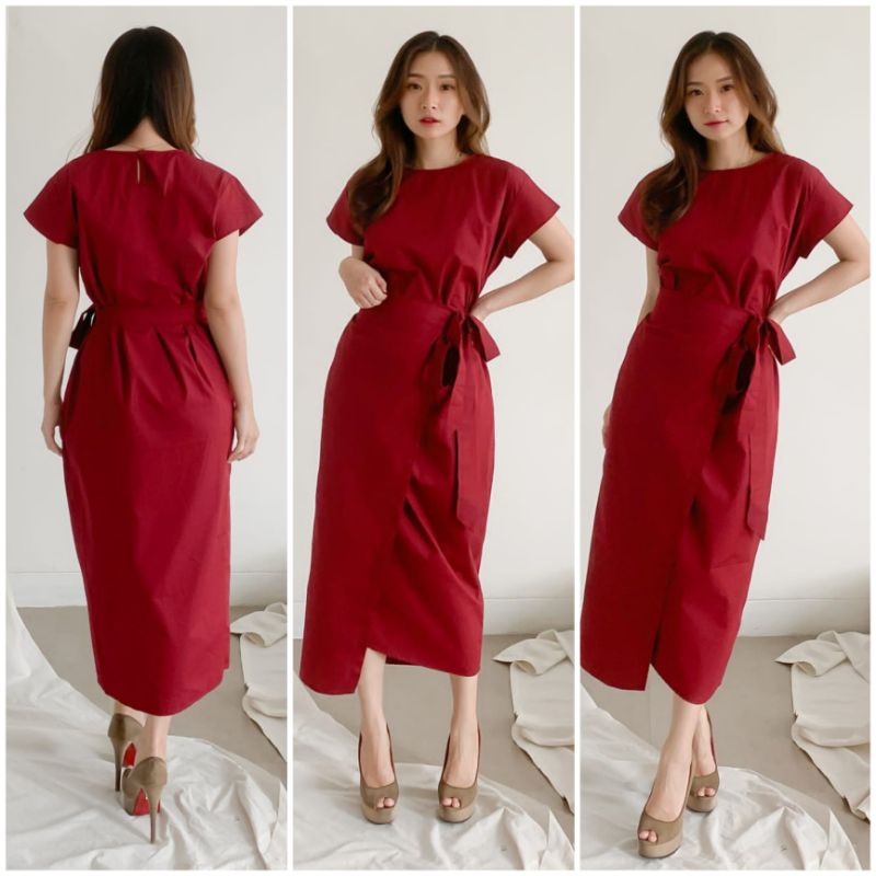 ❣️ SPECIAL PRICE ♡ PREMIUM ♡ ORIGINAL ! SNOWIE PLAIN APPRON WRAP SIDE TIED MIDI DRESS