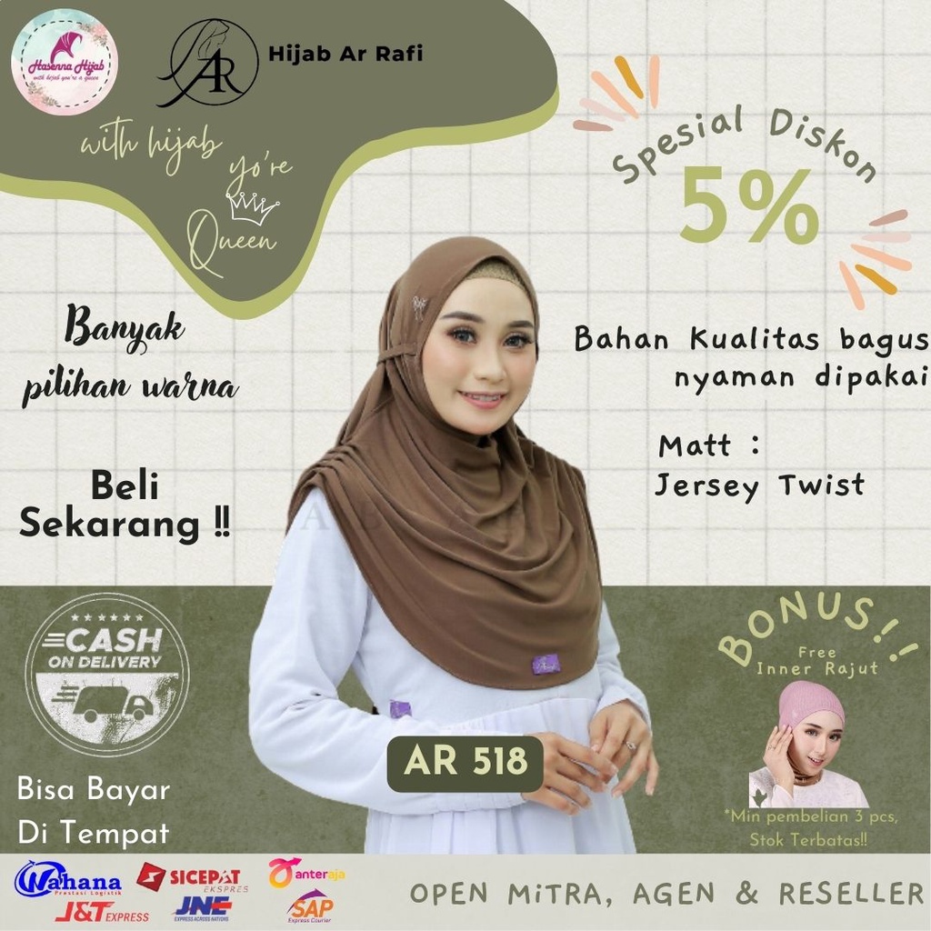 Kerudung Arrafi Terbaru Pendek Sport Olahraga Jersey Polos AR 518 Hijab Bergo Tali Instant Non Pet