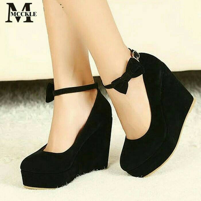 Wedges hitam tali/wedges suede bludru/wedges 12cm