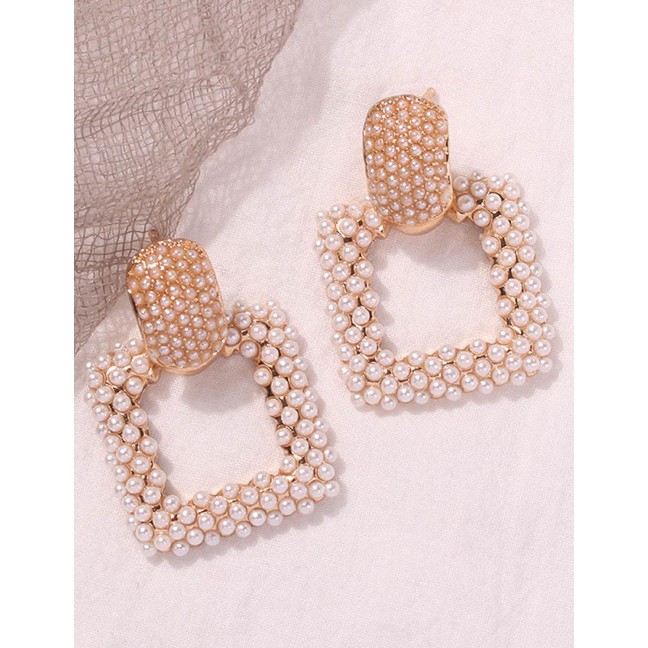 LRC Anting Tusuk Fashion Gold Alloy Pearl Square Earrings F99711