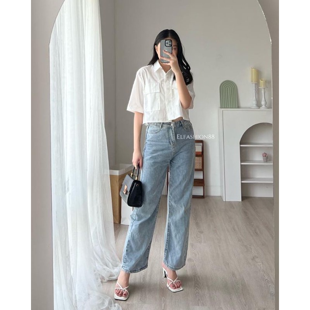 Elfashion • Kemeja Pocket Oversize | Atasan Wanita