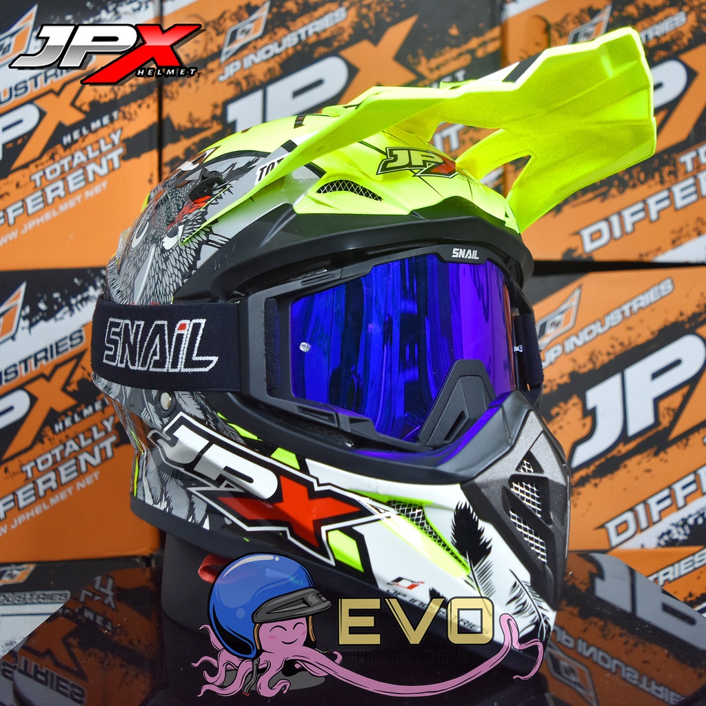 HELM JPX CROSS_FOX1 SERI X13 - FLUO YELLOW GLOSS + GOOGLE SNAIL (ONGKIR 2 KG) JPX X13 MOTIF OWL HELM JPX BURUNG HANTU HELM CROSS YELLOW JPX STABILO