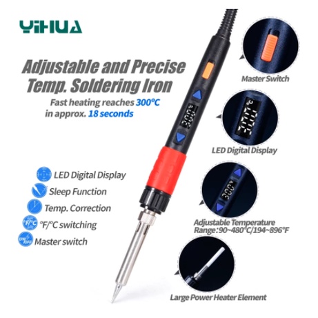 Solder Tangan YIHUA 928D-III 60W 90W 110W Besi Solder Opsional Daya Besar Tampilan Suhu Digital Dapat Disesuaikan