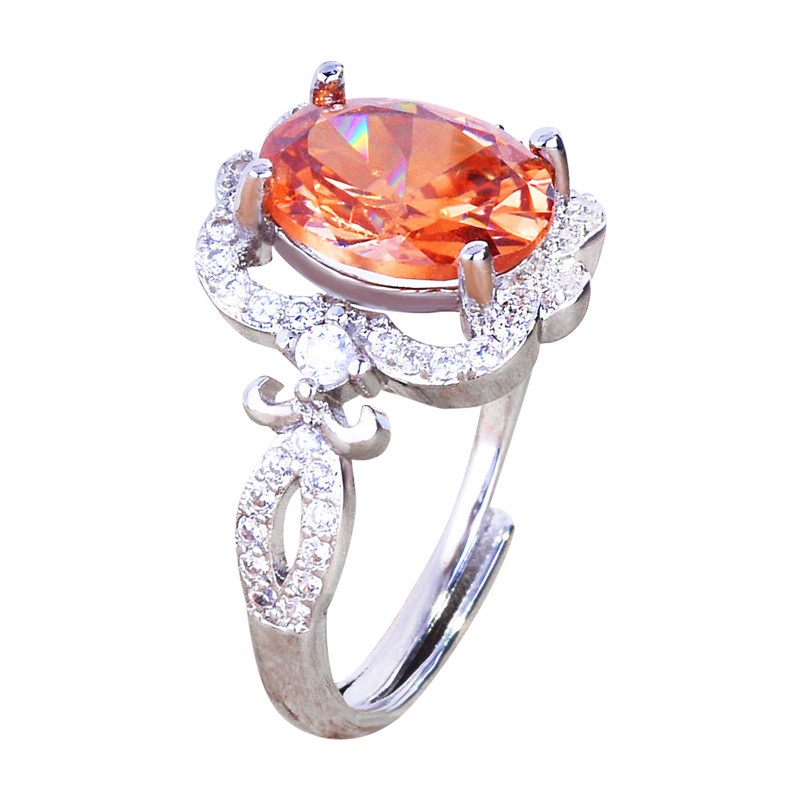 Cincin Desain Geometri Hollow Hias Batu Zircon AAA Warna Oranye Adjustable Untuk Wanita