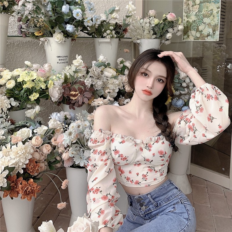 Wanita Tipis Floral Chiffon Kemeja Gaya Baru Halter Puff Sleeve Off-Shoulder Slim-Fit Gambar Menyanj