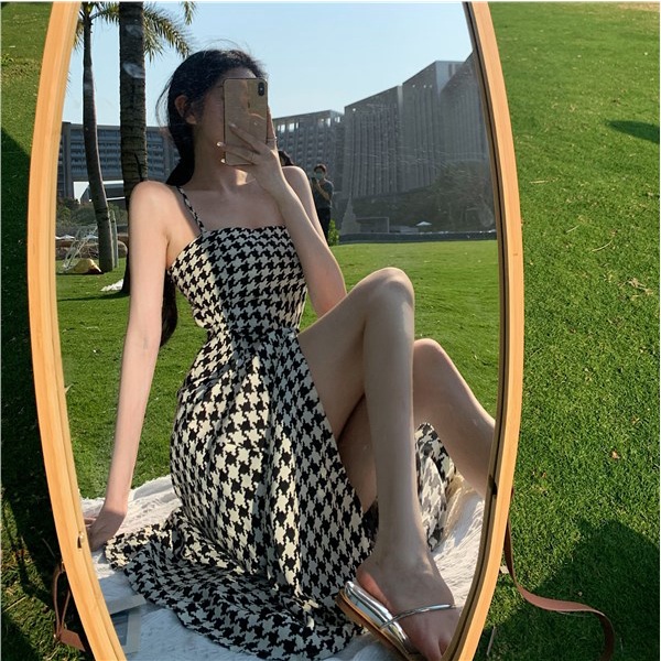 midi dress korea tanpa lengan suspender dress open back houndstooth high waist slit long swing skirt