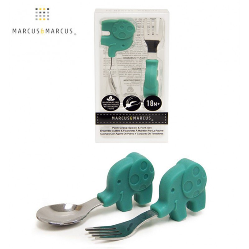 Marcus &amp; Marcus Palm Grasp Spoon &amp; Fork Set - Ollie Elephant Green