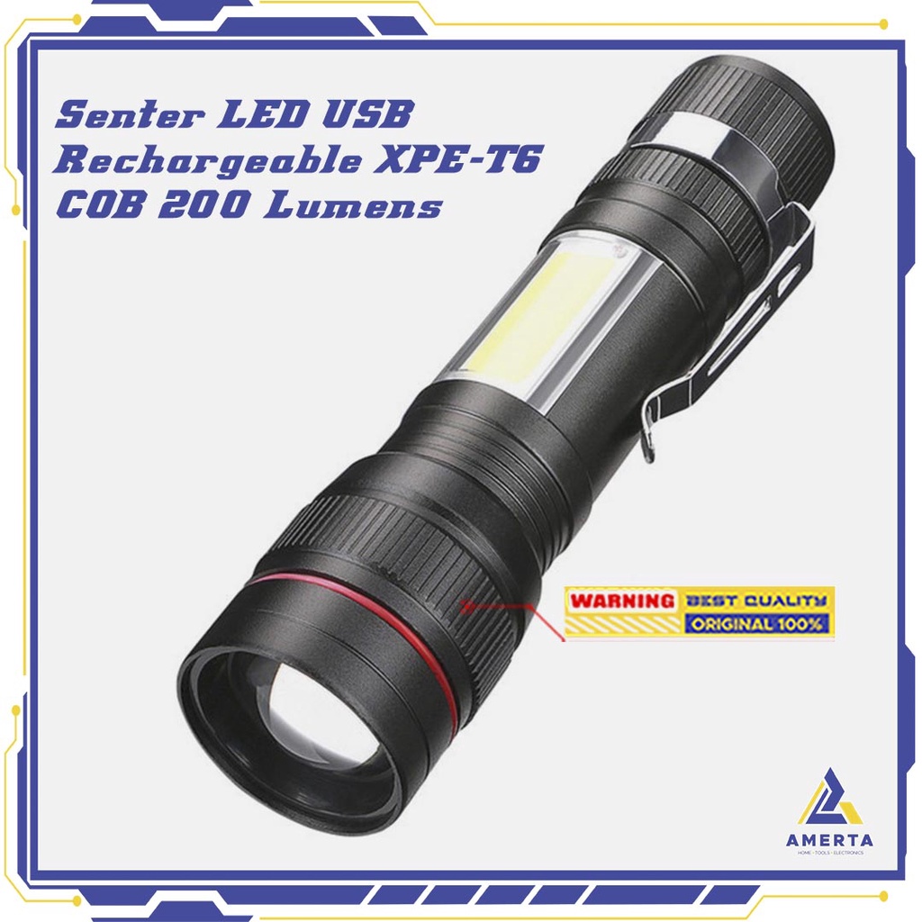 TaffLED Senter LED USB Rechargeable XPE-T6 + COB 3800 Lumens