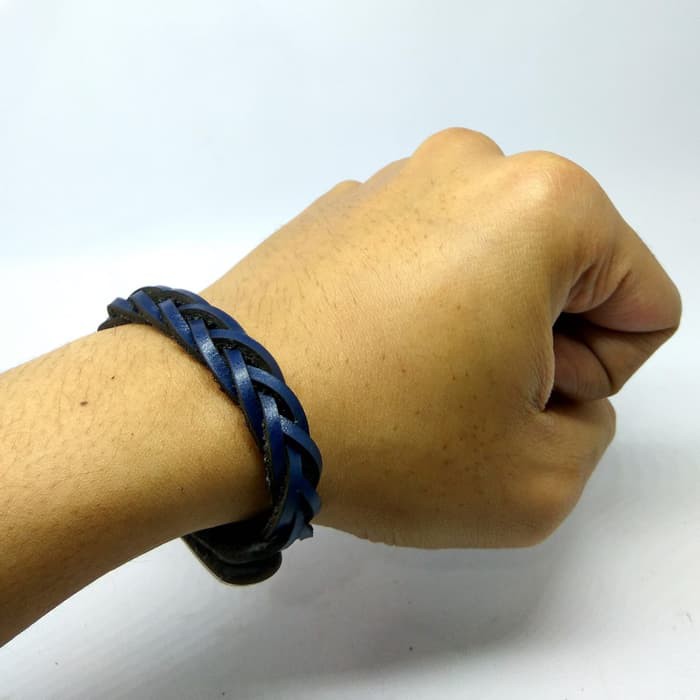 gelang anyam kulit asli warna biru - leather bracelet - PHAC295