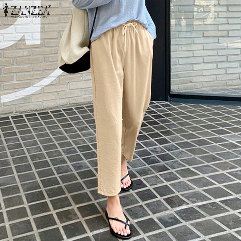 ZANZEA Women Casual Elastic Waist Drawstring Solid Color Loose Long Pants