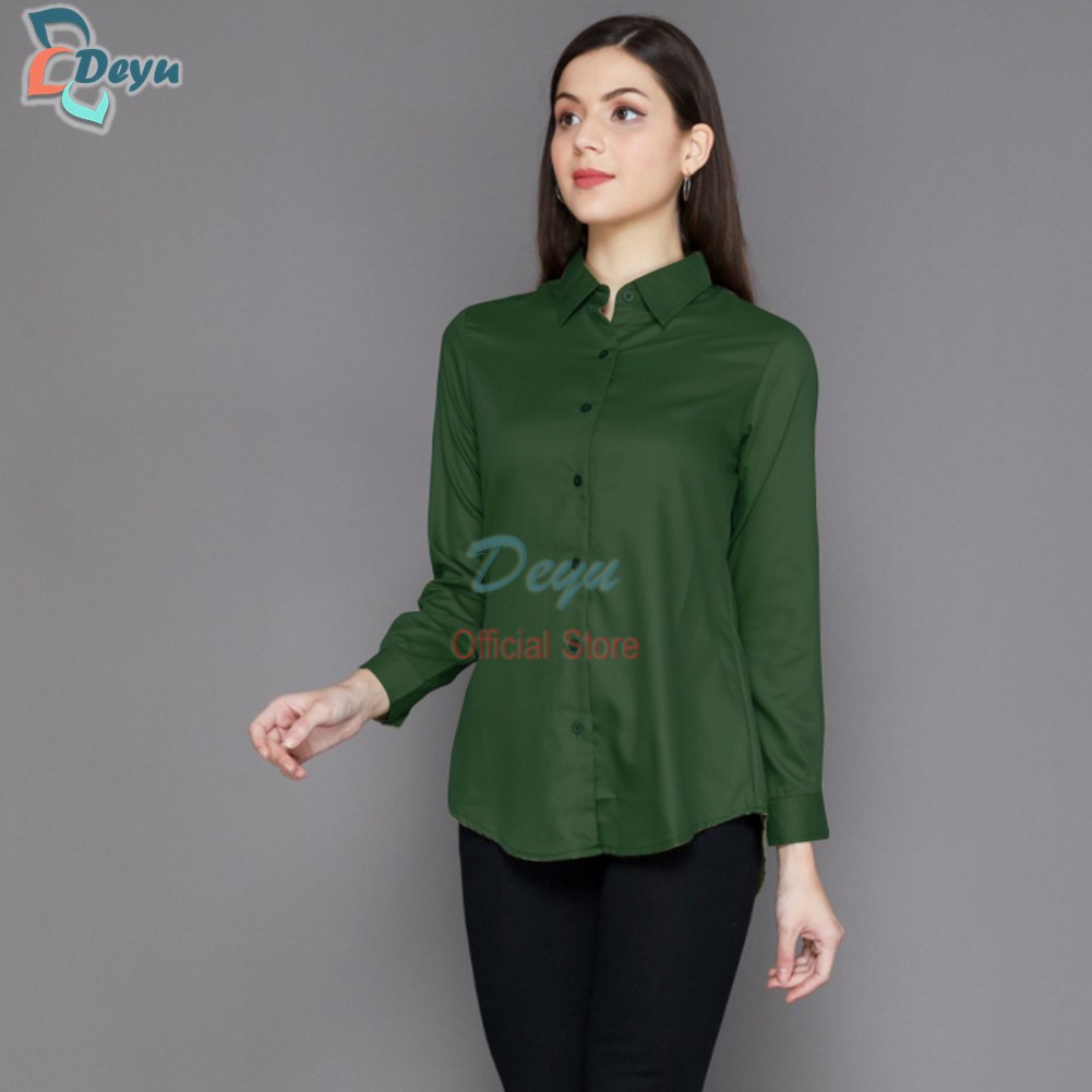 Kemeja Wanita Polos Pretty Woman Basic Streach Original Madame Sexy-HIJAU BOTOL