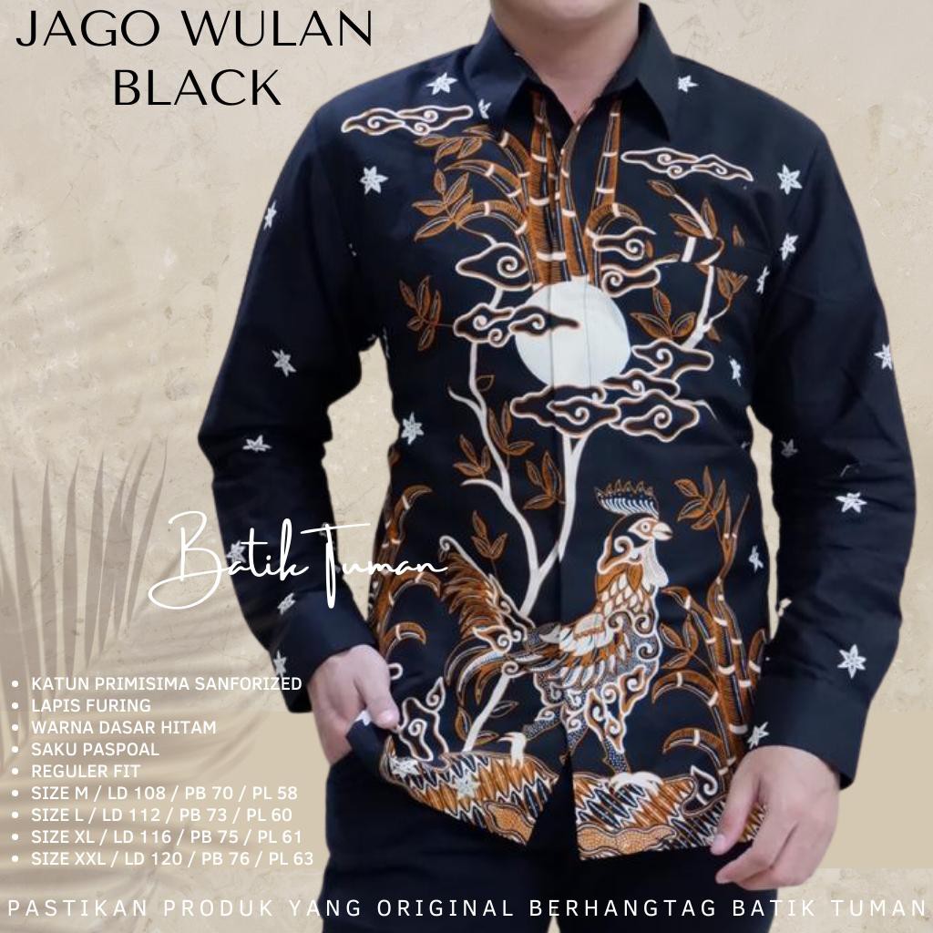 JAGO WULAN BLACK Kemeja Batik Pria Lengan Panjang Katun Halus FULL FURING TUMAN