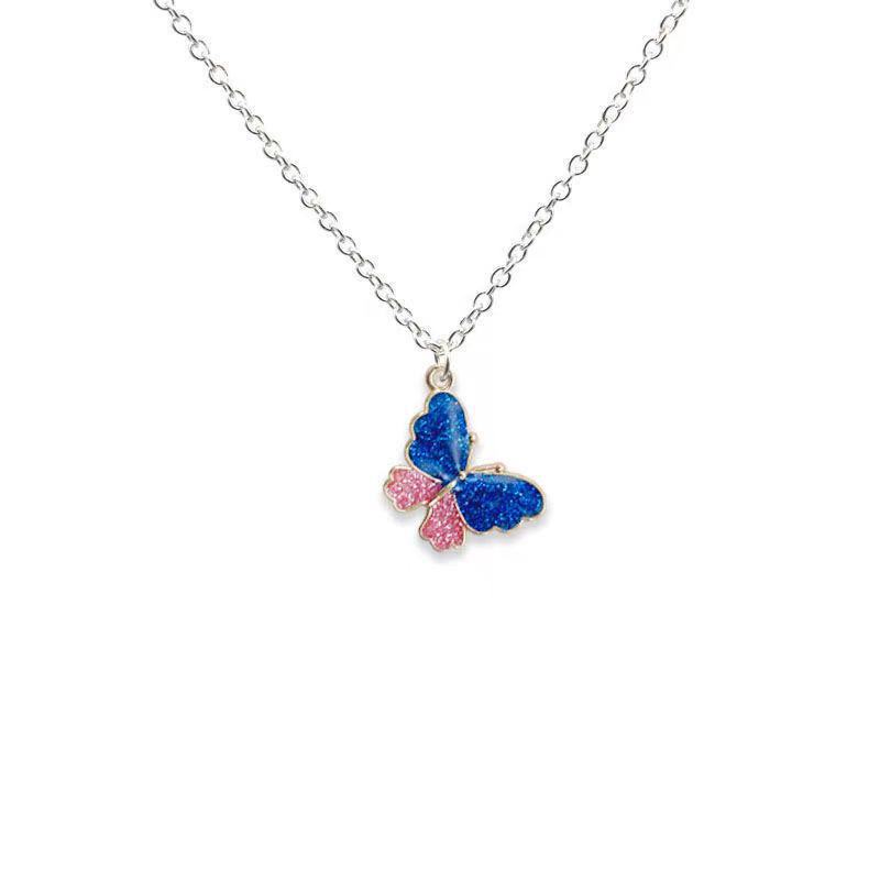 Kalung Rantai Klavikula Panjang Liontin Kupu-Kupu Glitter Warna Pink Biru Gaya Korea