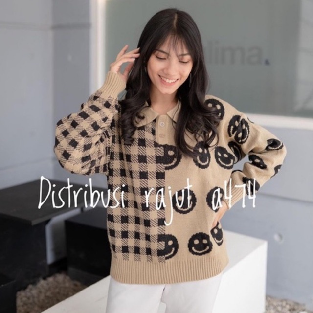 Sweater Rajut Premium Oversize Kerah Motif Smile Tartan Blous Rajut Tebal vintage