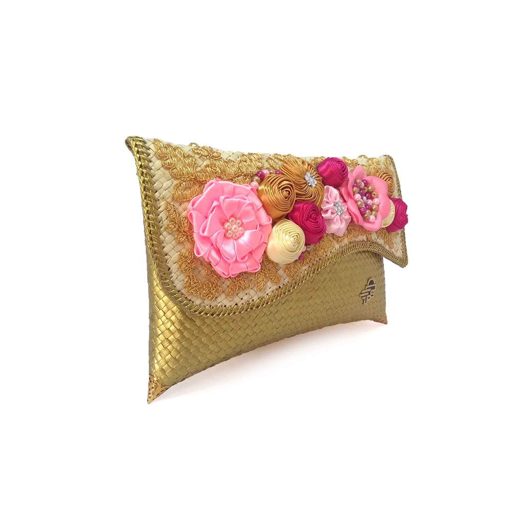 Putra Sukapura Dompet Anyaman Pandan Eksklusif Clutch Pesta Wanita-Gold Pink