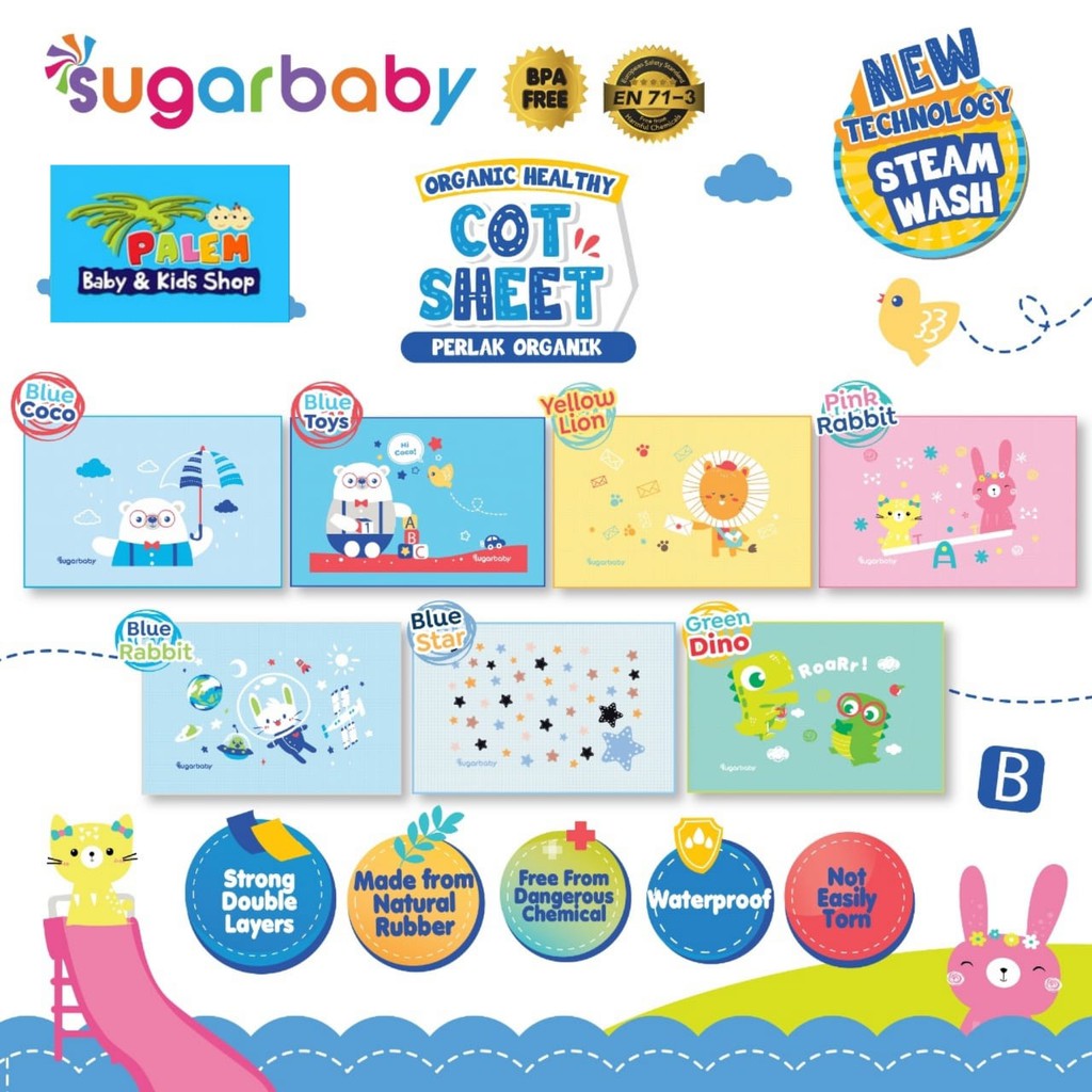 Perlak Ompol Bayi motif Karet Sugar Baby Sugarbaby Organic Healthy 90x60cm