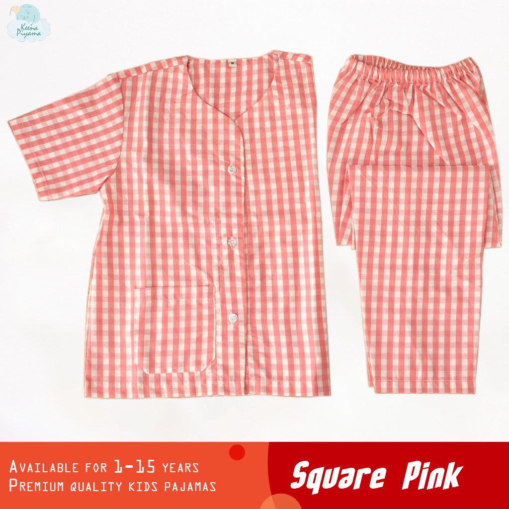 Set Baju Tidur / Piyama Anak Perempuan Katun 1-15 Tahun Kerah Y Halus Adem Motif Kotak Square Pink